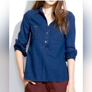 Madewell Shirt Blue Pindot Denim Polka Dot Chambray Long Sleeve Pullover Size S